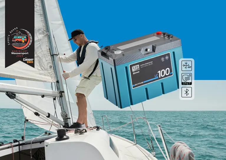 Mann auf einem Segelboot, im Vordergrund eine ECTIVE Marine Lithiumbatterie mit Icons