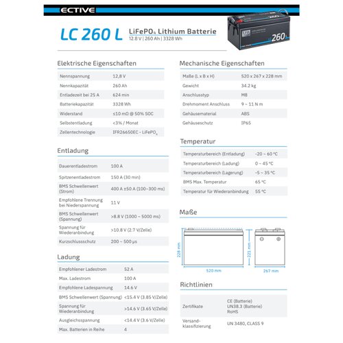 ECTIVE LC 260L 12V LiFePO4 Lithium Versorgungsbatterie 260 Ah