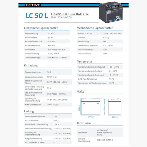 ECTIVE LC 50L 12V LiFePO4 Lithium Versorgungsbatterie 50 Ah (USt-befreit nach 12 Abs.3 Nr. 1 S.1 UStG)